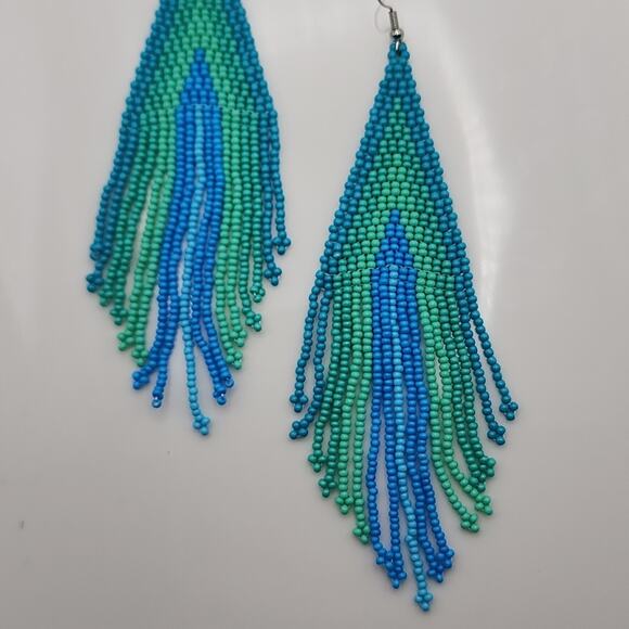 Blue Green Boho Beaded Earrings - Picture 2 of 3